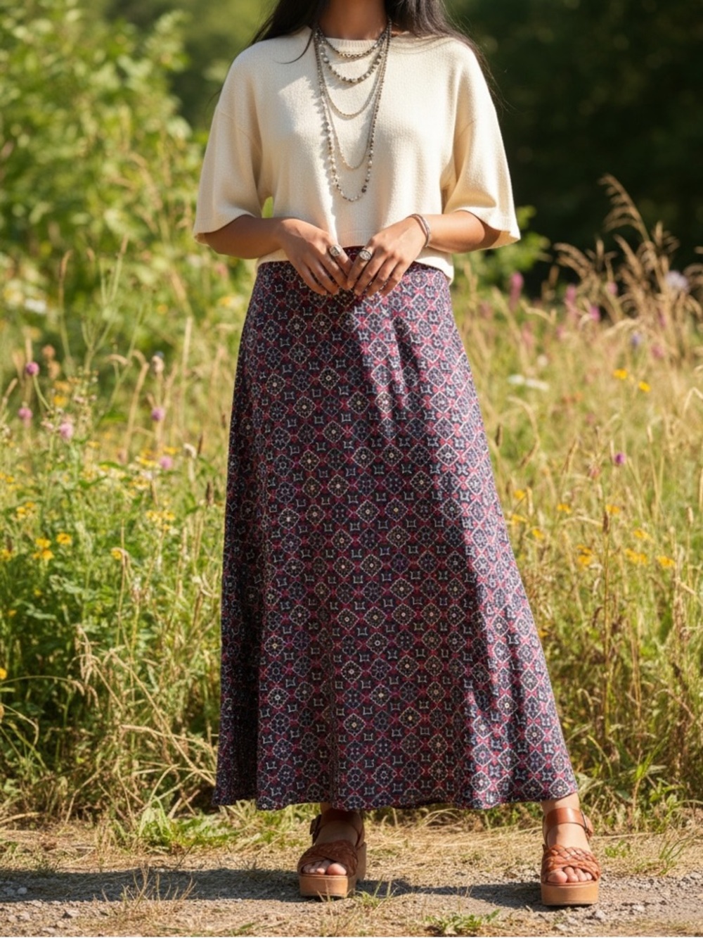 Y2K Laura Scott Women’s M Boho Midi Skirt Rayon Geometric Print A-Line 2000s